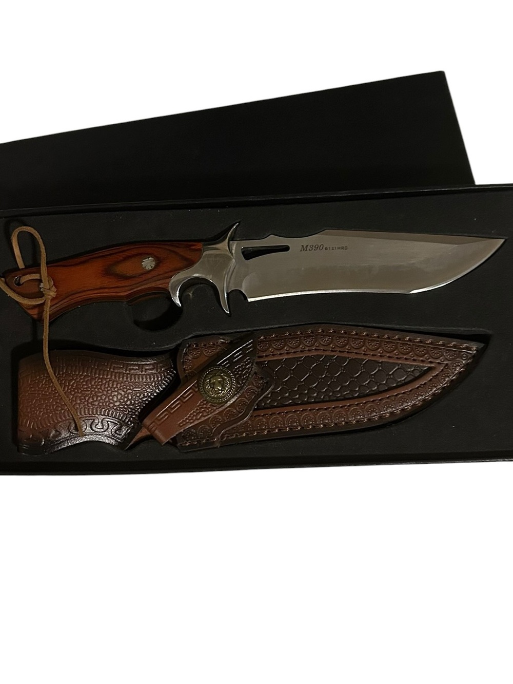 Decorative Bowie Knife with Brown Leather Sheath
